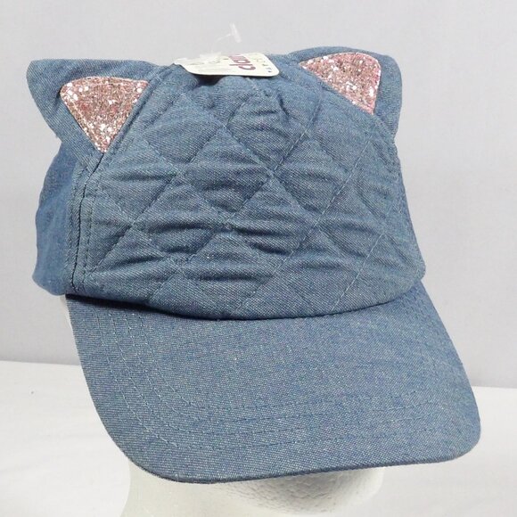 Claire's Girls Size Denim Baseball Hat with Pink Glitter Kitten Ears NWT - Picture 1 of 7